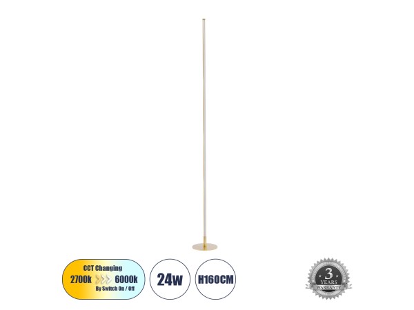 GLOBOSTAR® DALUMA 60472 Μοντέρνο Επιδαπέδιο Φωτιστικό LED 24W 2640lm 200° AC 220-240V IP20 Ρυθμιζόμενο Λευκό CCT με On/Off 2700K/4500K/6000K - Lumileds SMD Chip - Σατινέ Χρυσό Βούρτσας - Μ18 x Π18 x Υ160cm - 3 Χρόνια Εγγύηση