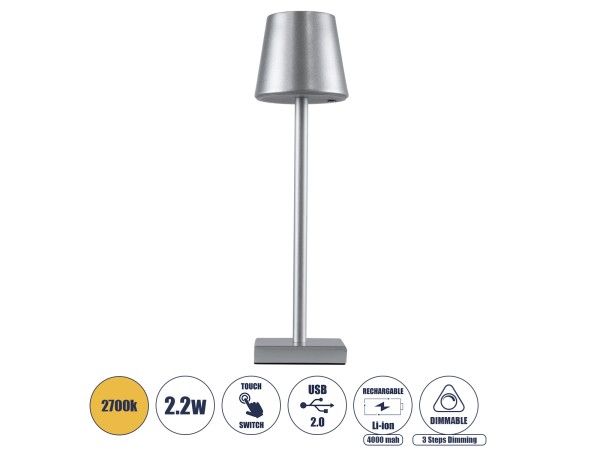 GLOBOSTAR® NEGA 60476 Μοντέρνο Επιτραπέζιο Φωτιστικό LED 2.2W 154lm 360° DC 5V με USB με Επαναφορτιζόμενη Μπαταρία Li-ion 3.7V 4000mAh IP20 Θερμό Λευκό 2700K με Αφή Dimmable - Lumileds SMD Chip - Ασημί - Μ10 x Π10 x Υ39cm - 2 Χρόνια Εγγύηση