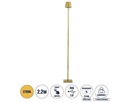 GLOBOSTAR® NEGA 60479 Μοντέρνο Επιδαπέδιο Φωτιστικό LED 2.2W 154lm 360° DC 5V με USB 2.0 με Επαναφορτιζόμενη Μπαταρία Li-ion 3.7V 4000mAh IP44 Θερμό Λευκό 2700K με Αφή Dimmable - Lumileds SMD Chip - Χρυσό Πλατίνα - Μ10 x Π10 x Υ135cm - 2 Χρόνια Εγγύηση