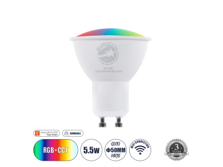 GLOBOSTAR® SMARTME 60487 Σποτ GU10 MR16 Smart Home WiFi με Λειτουργία μέσω Tuya APP LED 5.5W 550lm 120° AC 220-240V IP20 Πολύχρωμο RGBW+WW Dimmable - Bridgelux Chip - Μ5 x Π5 x Υ6.5cm - 3 Χρόνια Εγγύηση