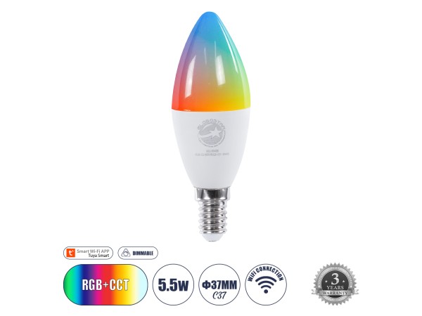 GLOBOSTAR® SMARTME 60488 Λάμπα Κεράκι E14 C37 Smart Home WiFi με Λειτουργία μέσω Tuya APP LED 5.5W 550lm 260° AC 220-240V IP20 Πολύχρωμο RGBW+WW Dimmable - Bridgelux Chip - Μ3.7 x Π3.7 x Υ11cm - 3 Χρόνια Εγγύηση