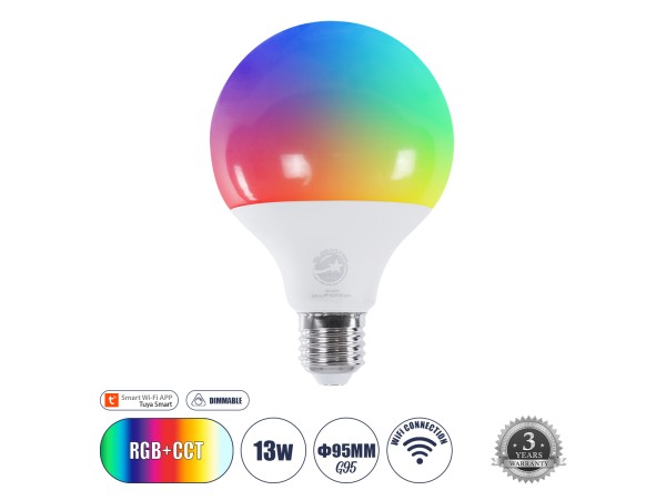 GLOBOSTAR® SMARTME 60491 Λάμπα E27 G95 Smart Home WiFi με Λειτουργία μέσω Tuya APP LED 13W 1300lm 260° AC 220-240V IP20 Πολύχρωμο RGBW+WW Dimmable - Bridgelux Chip - Μ9.5 x Π9.5 x Υ13.5cm - 3 Χρόνια Εγγύηση