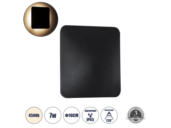 GLOBOSTAR® HELIO-S 60495 Μοντέρνο Φωτιστικό Τοίχου - Απλίκα LED 7W 840lm 120° AC 220-240V Αδιάβροχο IP65 Φυσικό Λευκό 4500K - Lumileds SMD Chip & TÜV SÜD Driver - Μαύρο Ματ - Μ16 x Π5 x Υ16cm - 5 Χρόνια Εγγύηση