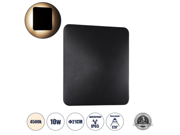 GLOBOSTAR® HELIO-S 60496 Μοντέρνο Φωτιστικό Τοίχου - Απλίκα LED 10W 1200lm 120° AC 220-240V Αδιάβροχο IP65 Φυσικό Λευκό 4500K - Lumileds SMD Chip & TÜV SÜD Driver - Μαύρο Ματ - Μ21 x Π5 x Υ21cm - 5 Χρόνια Εγγύηση