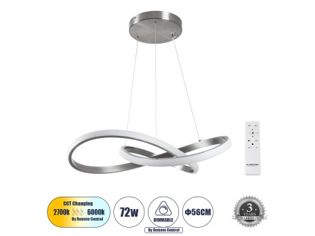 GLOBOSTAR® DEXTER 60498 Μοντέρνο Κρεμαστό Φωτιστικό Οροφής LED 72W 8064lm 300° AC 220-240V IP20 Ρυθμιζόμενο Λευκό CCT με Χειριστήριο από 2700K έως 6000K Dimmable - Lumileds SMD Chip - Νίκελ Βούρτσας - Μ56 x Π56 x Υ14cm - 3 Χρόνια Εγγύηση
