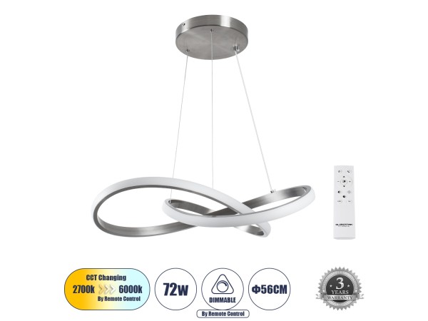 GLOBOSTAR® DEXTER 60498 Μοντέρνο Κρεμαστό Φωτιστικό Οροφής LED 72W 8064lm 300° AC 220-240V IP20 Ρυθμιζόμενο Λευκό CCT με Χειριστήριο από 2700K έως 6000K Dimmable - Lumileds SMD Chip - Νίκελ Βούρτσας - Μ56 x Π56 x Υ14cm - 3 Χρόνια Εγγύηση