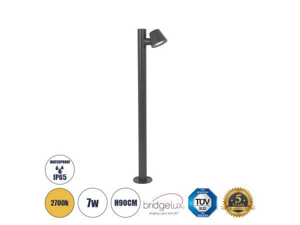GloboStar® GARDENIA 60507 Φωτιστικό Κήπου - Κολωνάκι Αρχιτεκτονικού Φωτισμού Εξωτερικού Χώρου LED 7W 700lm 60° AC220-240V Αδιάβροχο IP65 - Σώμα Αλουμινίου & Tempered Glass - Μ12 x Π18 x Υ90cm - Θερμό Λευκό 2700K - Γκρι Ανθρακί - Bridgelux Chip - 5 Years W