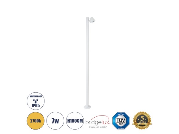 GloboStar® GARDENIA 60509 Φωτιστικό Κήπου - Πάρκου - Πλατείας - Κολωνάκι Αρχιτεκτονικού Φωτισμού Εξωτερικού Χώρου LED 7W 700lm 60° AC220-240V Αδιάβροχο IP65 - Σώμα Αλουμινίου & Tempered Glass - Μ15 x Π18 x Υ180cm - Θερμό Λευκό 2700K - Λευκό - Bridgelux Ch