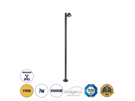 GloboStar® GARDENIA 60510 Φωτιστικό Κήπου - Πάρκου - Πλατείας - Κολωνάκι Αρχιτεκτονικού Φωτισμού Εξωτερικού Χώρου LED 7W 700lm 60° AC220-240V Αδιάβροχο IP65 - Σώμα Αλουμινίου & Tempered Glass - Μ15 x Π18 x Υ180cm - Θερμό Λευκό 2700K - Γκρι Ανθρακί - Bridg