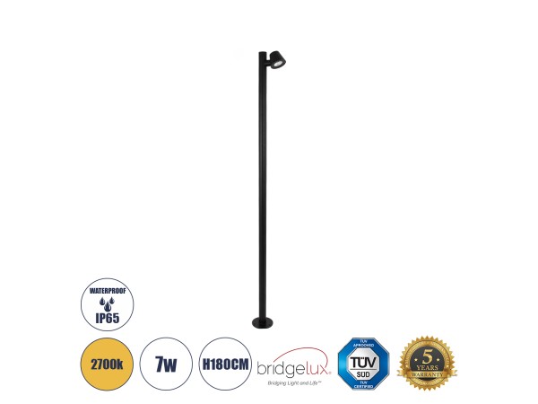 GloboStar® GARDENIA 60511 Φωτιστικό Κήπου - Πάρκου - Πλατείας - Κολωνάκι Αρχιτεκτονικού Φωτισμού Εξωτερικού Χώρου LED 7W 700lm 60° AC220-240V Αδιάβροχο IP65 - Σώμα Αλουμινίου & Tempered Glass - Μ15 x Π18 x Υ180cm - Θερμό Λευκό 2700K - Μαύρο - Bridgelux Ch