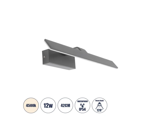 GLOBOSTAR® MIRROR 60513 Μοντέρνο Φωτιστικό Τοίχου - Απλίκα Καθρέπτη Μπάνιου LED 12W 1440lm 120° AC 220-240V IP54 Φυσικό Λευκό 4500K - Lumileds SMD Chip & TÜV SÜD Driver - Γκρι Ανθρακί Ματ - Μ42 x Π5 x Υ15cm - 2 Χρόνια Εγγύηση