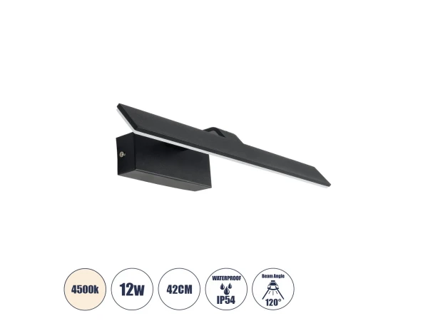 GLOBOSTAR® MIRROR 60514 Μοντέρνο Φωτιστικό Τοίχου - Απλίκα Καθρέπτη Μπάνιου LED 12W 1440lm 120° AC 220-240V IP54 Φυσικό Λευκό 4500K - Lumileds SMD Chip & TÜV SÜD Driver - Μαύρο Ματ - Μ42 x Π5 x Υ15cm - 2 Χρόνια Εγγύηση