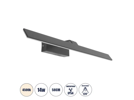 GLOBOSTAR® MIRROR 60516 Μοντέρνο Φωτιστικό Τοίχου - Απλίκα Καθρέπτη Μπάνιου LED 14W 1680lm 120° AC 220-240V IP54 Φυσικό Λευκό 4500K - Lumileds SMD Chip & TÜV SÜD Driver - Γκρι Ανθρακί Ματ - Μ58 x Π15 x Υ6cm - 2 Χρόνια Εγγύηση