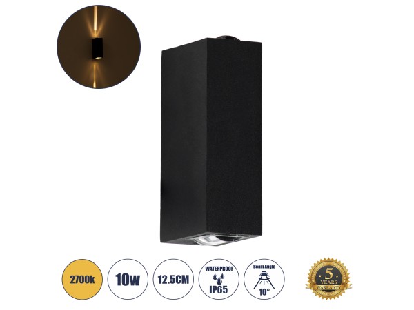 GLOBOSTAR® LINOR 60529 Μοντέρνο Φωτιστικό Τοίχου - Απλίκα LED 10W 1000lm 10° AC 220-240V Αδιάβροχο IP65 Θερμό Λευκό 2700K - Bridgelux COB Chip & TÜV SÜD Driver - Μαύρο Ματ - Μ12.5 x Π6 x Υ4cm - 5 Χρόνια Εγγύηση