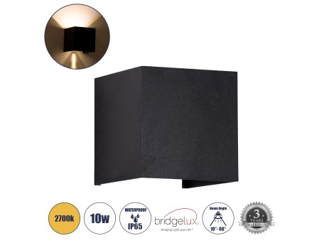 GLOBOSTAR® AXIS-S 60562 Μοντέρνο Φωτιστικό Τοίχου - Απλίκα LED 10W 1150lm 5°/60° AC 220-240V Αδιάβροχο IP65 Θερμό Λευκό 2700K - Bridgelux COB Chip & TÜV SÜD Driver - Μαύρο Ματ - Μ10 x Π10 x Υ10cm - 5 Χρόνια Εγγύηση