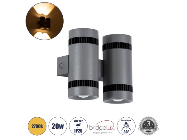 GLOBOSTAR® CANNONAL 60579 Μοντέρνο Φωτιστικό Τοίχου - Απλίκα LED 20W 2300lm 30° AC 220-240V IP20 Θερμό Λευκό 2700K - Bridgelux COB Chip & TÜV SÜD Driver - Μαύρο Ματ & Γκρι Ανθρακί Ματ - Μ12 x Π6.5 x Υ11cm - 3 Χρόνια Εγγύηση