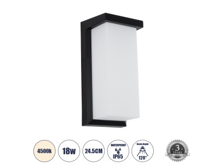 GLOBOSTAR® LOFT 60758 Μοντέρνο Φωτιστικό Τοίχου - Απλίκα LED 18W 1890lm 120° AC 220-240V Αδιάβροχο IP65 Φυσικό Λευκό 4500K - Bridgelux SMD Chip - Μαύρο Ματ - Μ24.5 x Π11 x Υ9.5cm - 3 Χρόνια Εγγύηση