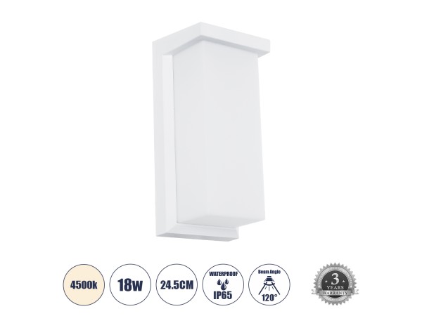 GLOBOSTAR® LOFT 60760 Μοντέρνο Φωτιστικό Τοίχου - Απλίκα LED 18W 1890lm 120° AC 220-240V Αδιάβροχο IP65 Φυσικό Λευκό 4500K - Bridgelux SMD Chip - Λευκό Ματ - Μ24.5 x Π11 x Υ9.5cm - 3 Χρόνια Εγγύηση