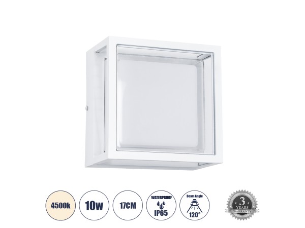 GLOBOSTAR® MAJESTIC 60775 Μοντέρνο Φωτιστικό Τοίχου - Απλίκα LED 10W 1050lm 120° AC 220-240V Αδιάβροχο IP65 Φυσικό Λευκό 4500K - Bridgelux SMD Chip - Λευκό Ματ - Μ17 x Π17 x Υ9cm - 3 Χρόνια Εγγύηση