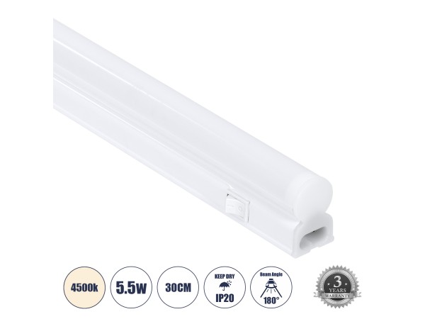 GloboStar® TUBO 60785 Γραμμικό Φωτιστικό Οροφής Linear LED Τύπου T5 Επεκτεινόμενο 5.5W 539lm 180° AC 220-240V IP20 Πάγκου Κουζίνας με Διακόπτη On/Off Μ30 x Π2.2 x Υ3.5cm Φυσικό Λευκό 4500K - Λευκό - 3 Years Warranty