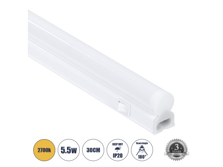 GloboStar® TUBO 60786 Γραμμικό Φωτιστικό Οροφής Linear LED Τύπου T5 Επεκτεινόμενο 5.5W 528lm 180° AC 220-240V IP20 Πάγκου Κουζίνας με Διακόπτη On/Off Μ30 x Π2.2 x Υ3.5cm Θερμό Λευκό 2700K - Λευκό - 3 Years Warranty