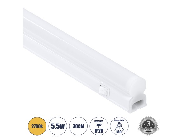 GloboStar® TUBO 60786 Γραμμικό Φωτιστικό Οροφής Linear LED Τύπου T5 Επεκτεινόμενο 5.5W 528lm 180° AC 220-240V IP20 Πάγκου Κουζίνας με Διακόπτη On/Off Μ30 x Π2.2 x Υ3.5cm Θερμό Λευκό 2700K - Λευκό - 3 Years Warranty
