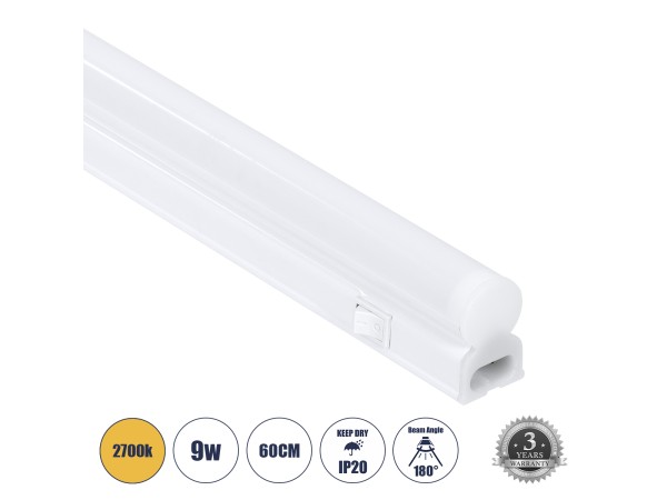 GloboStar® TUBO 60789 Γραμμικό Φωτιστικό Οροφής Linear LED Τύπου T5 Επεκτεινόμενο 9W 864lm 180° AC 220-240V IP20 Πάγκου Κουζίνας με Διακόπτη On/Off Μ60 x Π2.2 x Υ3.5cm Θερμό Λευκό 2700K - Λευκό - 3 Years Warranty