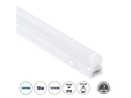 GloboStar® TUBO 60790 Γραμμικό Φωτιστικό Οροφής Linear LED Τύπου T5 Επεκτεινόμενο 18W 1800lm 180° AC 220-240V IP20 Πάγκου Κουζίνας με Διακόπτη On/Off Μ120 x Π2.2 x Υ3.5cm Ψυχρό Λευκό 6000K - Λευκό - 3 Years Warranty