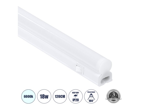 GloboStar® TUBO 60790 Γραμμικό Φωτιστικό Οροφής Linear LED Τύπου T5 Επεκτεινόμενο 18W 1800lm 180° AC 220-240V IP20 Πάγκου Κουζίνας με Διακόπτη On/Off Μ120 x Π2.2 x Υ3.5cm Ψυχρό Λευκό 6000K - Λευκό - 3 Years Warranty