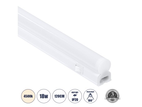 GloboStar® TUBO 60791 Γραμμικό Φωτιστικό Οροφής Linear LED Τύπου T5 Επεκτεινόμενο 18W 1764lm 180° AC 220-240V IP20 Πάγκου Κουζίνας με Διακόπτη On/Off Μ120 x Π2.2 x Υ3.5cm Φυσικό Λευκό 4500K - Λευκό - 3 Years Warranty