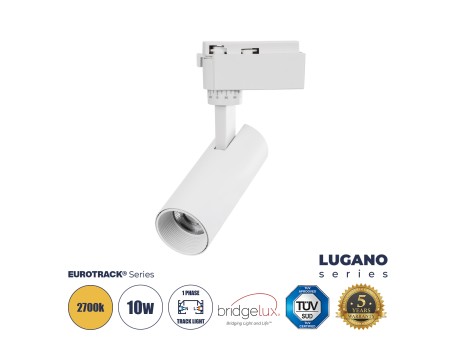 GloboStar® LUGANO 60802 Μονοφασικό Φωτιστικό Σποτ Ράγας LED 10W 1200lm 36° Acrylic HQ LENS AC 220-240V IP20 Φ4.5 x Υ19cm Θερμό Λευκό 2700K - EUROTRACK® System 1L+1N - Λευκό - Bridgelux Chip - TÜV Certified Driver - 5 Χρόνια Εγγύηση