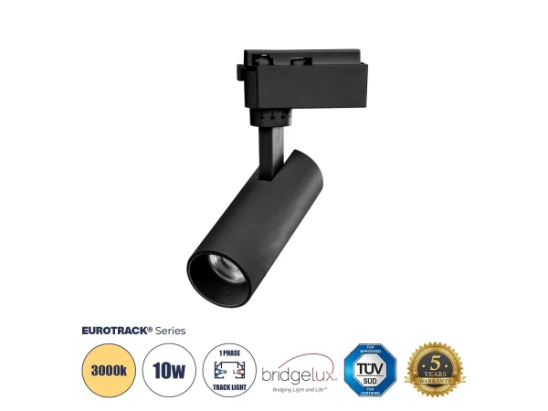 Globostar BEAMTRACK 60805 Μονοφασικό Φωτιστικό Σποτ Ράγας LED 10W 230V 1200lm 30° Acrylic HQ LENS AC 220-240V IP20 Φ4.6 x Υ12.5cm Θερμό Λευκό 3000k - EUROTRACK® System 1L+1N - Μαύρο - Bridgelux Chip - TUV Certified Driver - 5 Χρόνια Εγγύηση