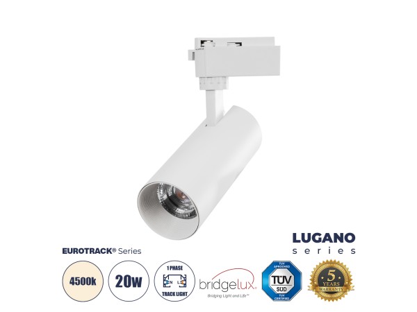 GLOBOSTAR® LUGANO 60807 Μονοφασικό Σποτ Ράγας LED 20W 2500lm 36° AC 220-240V IP20 Φυσικό Λευκό 4500K - Bridgelux COB Chip & TÜV SÜD Driver - Eurotrack 1PH  - Λευκό Ματ - Μ6.5 x Π6.5 x Υ20cm - 5 Χρόνια Εγγύηση