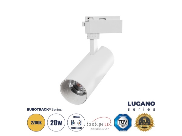 GLOBOSTAR® LUGANO 60808 Μονοφασικό Σποτ Ράγας LED 20W 2400lm 36° AC 220-240V IP20 Θερμό Λευκό 2700K - Bridgelux COB Chip & TÜV SÜD Driver - Eurotrack 1PH - Λευκό Ματ - Μ6.5 x Π6.5 x Υ20cm - 5 Χρόνια Εγγύηση