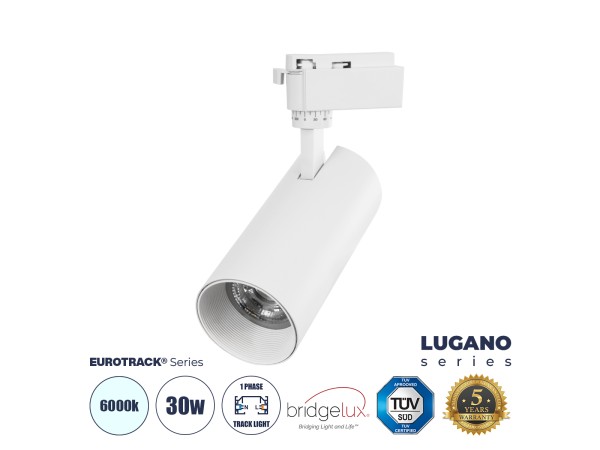 GloboStar® LUGANO 60812 Μονοφασικό Φωτιστικό Σποτ Ράγας LED 30W 3900lm 36° Acrylic HQ LENS AC 220-240V IP20 Φ7.5 x Υ22.7cm Ψυχρό Λευκό 6000K - EUROTRACK® System 1L+1N - Λευκό - Bridgelux Chip - TÜV Certified Driver - 5 Χρόνια Εγγύηση