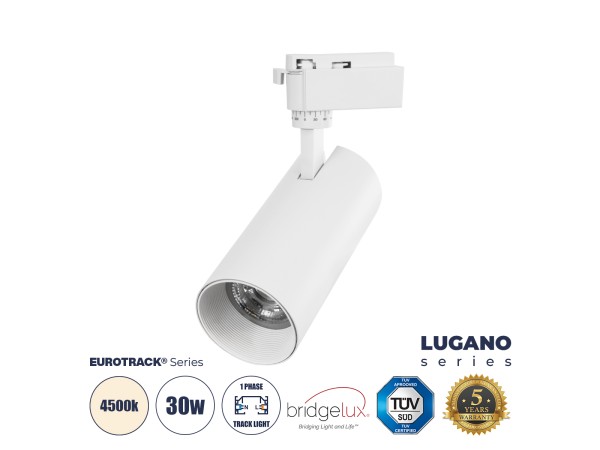 GloboStar® LUGANO 60813 Μονοφασικό Φωτιστικό Σποτ Ράγας LED 30W 3750lm 36° Acrylic HQ LENS AC 220-240V IP20 Φ7.5 x Υ22.7cm Φυσικό Λευκό 4500K - EUROTRACK® System 1L+1N - Λευκό - Bridgelux Chip - TÜV Certified Driver - 5 Χρόνια Εγγύηση