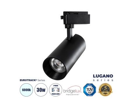 GloboStar® LUGANO 60815 Μονοφασικό Φωτιστικό Σποτ Ράγας LED 30W 3900lm 36° Acrylic HQ LENS AC 220-240V IP20 Φ7.5 x Υ22.7cm Ψυχρό Λευκό 6000K - EUROTRACK® System 1L+1N - Μαύρο - Bridgelux Chip - TÜV Certified Driver - 5 Χρόνια Εγγύηση