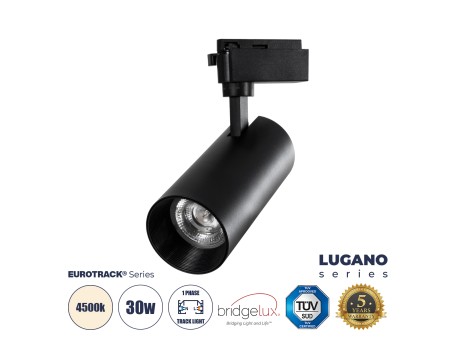 GloboStar® LUGANO 60816 Μονοφασικό Φωτιστικό Σποτ Ράγας LED 30W 3750lm 36° Acrylic HQ LENS AC 220-240V IP20 Φ7.5 x Υ22.7cm Φυσικό Λευκό 4500K - EUROTRACK® System 1L+1N - Μαύρο - Bridgelux Chip - TÜV Certified Driver - 5 Χρόνια Εγγύηση