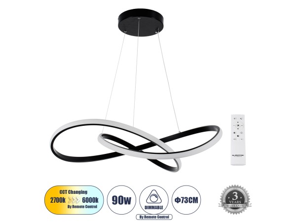 GLOBOSTAR® DEXTER 60913 Μοντέρνο Κρεμαστό Φωτιστικό Οροφής LED 90W 10080lm 300° AC 220-240V IP20 Ρυθμιζόμενο Λευκό CCT με Χειριστήριο από 2700K έως 6000K Dimmable - Lumileds SMD Chip - Μαύρο Ματ - Μ73 x Π73 x Υ16cm - 3 Χρόνια Εγγύηση