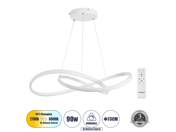 GLOBOSTAR® DEXTER 60914 Μοντέρνο Κρεμαστό Φωτιστικό Οροφής LED 90W 10080lm 300° AC 220-240V IP20 Ρυθμιζόμενο Λευκό CCT με Χειριστήριο από 2700K έως 6000K Dimmable - Lumileds SMD Chip - Λευκό Ματ - Μ73 x Π73 x Υ16cm - 3 Χρόνια Εγγύηση
