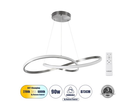GLOBOSTAR® DEXTER 60915 Μοντέρνο Κρεμαστό Φωτιστικό Οροφής LED 90W 10080lm 300° AC 220-240V IP20 Ρυθμιζόμενο Λευκό CCT με Χειριστήριο από 2700K έως 6000K Dimmable - Lumileds SMD Chip - Νίκελ Βούρτσας - Μ73 x Π73 x Υ16cm - 3 Χρόνια Εγγύηση