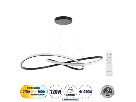 GLOBOSTAR® DEXTER 60917 Μοντέρνο Κρεμαστό Φωτιστικό Οροφής LED 120W 13440lm 300° AC 220-240V IP20 Ρυθμιζόμενο Λευκό CCT με Χειριστήριο από 2700K έως 6000K Dimmable - Lumileds SMD Chip - Μαύρο Ματ - Μ103 x Π103 x Υ22cm - 3 Χρόνια Εγγύηση