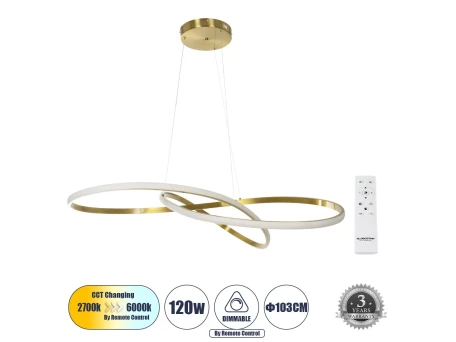 GLOBOSTAR® DEXTER 60920 Μοντέρνο Κρεμαστό Φωτιστικό Οροφής LED 120W 13440lm 300° AC 220-240V IP20 Ρυθμιζόμενο Λευκό CCT με Χειριστήριο από 2700K έως 6000K Dimmable - Lumileds SMD Chip - Χρυσό Βούρτσας - Μ103 x Π103 x Υ30cm - 3 Χρόνια Εγγύηση