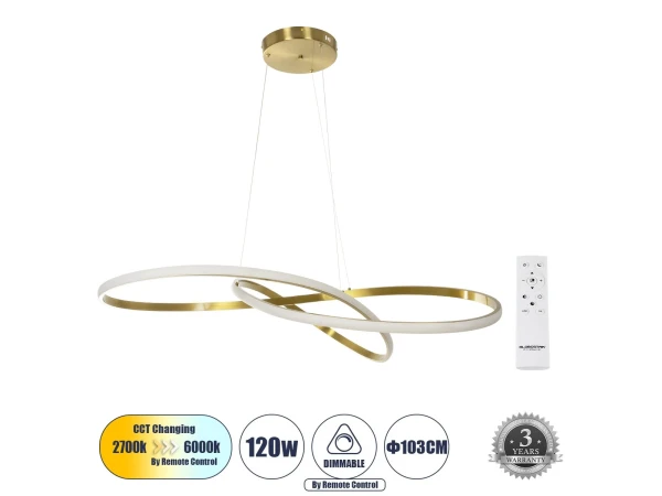 GLOBOSTAR® DEXTER 60920 Μοντέρνο Κρεμαστό Φωτιστικό Οροφής LED 120W 13440lm 300° AC 220-240V IP20 Ρυθμιζόμενο Λευκό CCT με Χειριστήριο από 2700K έως 6000K Dimmable - Lumileds SMD Chip - Χρυσό Βούρτσας - Μ103 x Π103 x Υ30cm - 3 Χρόνια Εγγύηση