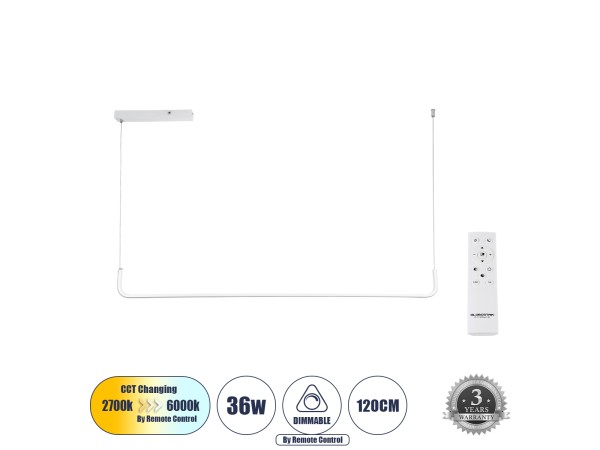 GLOBOSTAR® LINARIA 60922 Μοντέρνο Κρεμαστό Φωτιστικό Οροφής LED 36W 4150lm 200° AC 220-240V IP20 Ρυθμιζόμενο Λευκό CCT με Χειριστήριο από 2700K έως 6000K Dimmable - Lumileds SMD Chip - Λευκό Ματ - Μ120 x Π2 x Υ10cm - 3 Χρόνια Εγγύηση