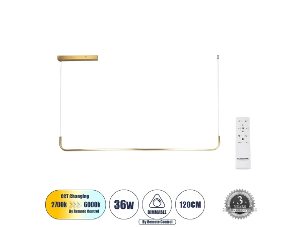 GLOBOSTAR® LINARIA 60923 Μοντέρνο Κρεμαστό Φωτιστικό Οροφής LED 36W 4150lm 180° AC 220-240V IP20 Ρυθμιζόμενο Λευκό CCT με Χειριστήριο από 2700K έως 6000K Dimmable - Lumileds SMD Chip - Χρυσό - Μ120 x Π2 x Υ10cm - 3 Χρόνια Εγγύηση