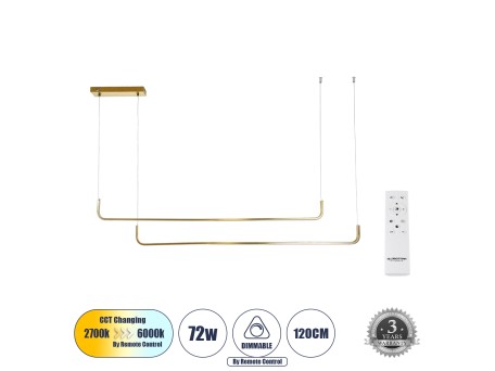 GLOBOSTAR® LINARIA DUO 60926 Μοντέρνο Κρεμαστό Φωτιστικό Οροφής LED 72W 8300lm 200° AC 220-240V IP20 Ρυθμιζόμενο Λευκό CCT με Χειριστήριο από 2700K έως 6000K Dimmable - Lumileds SMD Chip - Χρυσό Βούρτσας - Μ130 x Π4 x Υ25cm - 3 Χρόνια Εγγύηση