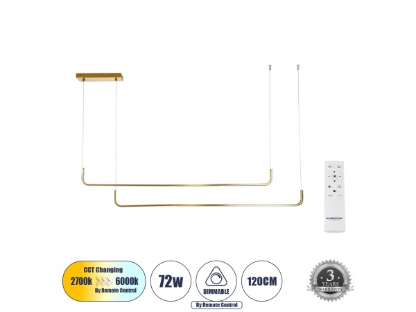 GLOBOSTAR® LINARIA DUO 60926 Μοντέρνο Κρεμαστό Φωτιστικό Οροφής LED 72W 8300lm 200° AC 220-240V IP20 Ρυθμιζόμενο Λευκό CCT με Χειριστήριο από 2700K έως 6000K Dimmable - Lumileds SMD Chip - Χρυσό Βούρτσας - Μ130 x Π4 x Υ25cm - 3 Χρόνια Εγγύηση