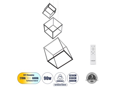 GLOBOSTAR® KIBOO-TRIO 60931 Μοντέρνο Κρεμαστό Φωτιστικό Οροφής LED 90W 10350lm 360° AC 220-240V IP20 Ρυθμιζόμενο Λευκό CCT με Χειριστήριο από 2700K έως 6000K Dimmable - Lumileds SMD Chip - Μαύρο Ματ - Μ60 x Π60 x Υ80cm - 3 Χρόνια Εγγύηση