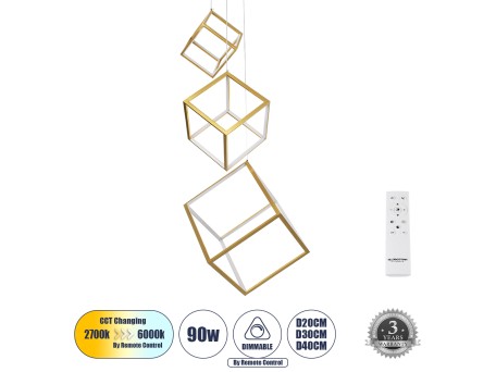 GLOBOSTAR® KIBOO-TRIO 60932 Μοντέρνο Κρεμαστό Φωτιστικό Οροφής LED 90W 10350lm 360° AC 220-240V IP20 Ρυθμιζόμενο Λευκό CCT με Χειριστήριο από 2700K έως 6000K Dimmable - Lumileds SMD Chip - Χρυσό - Μ60 x Π60 x Υ80cm - 3 Χρόνια Εγγύηση
